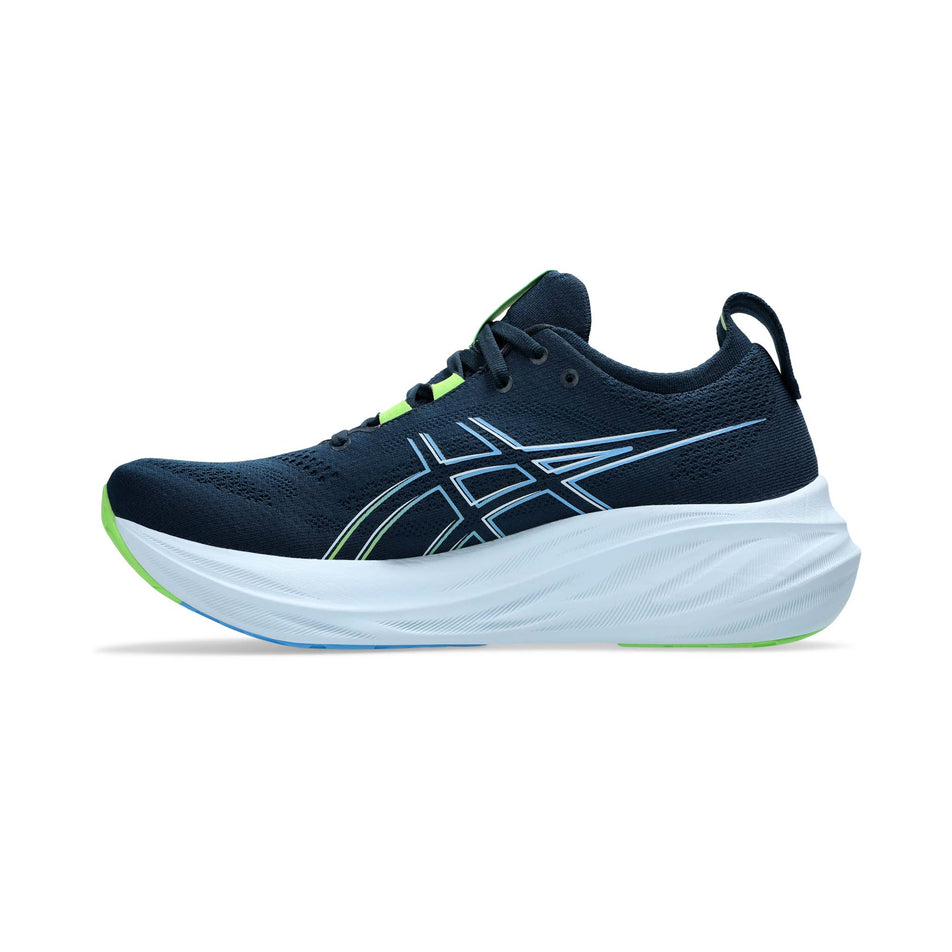 Medial side of the right shoe from a pair of Asics Men's Gel-Nimbus 26 Running Shoes in the French Blue/Electric Lime colourway (8150515155106)