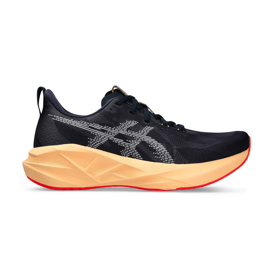 Lateral view of the right shoe from a pair of ASICS Men's Novablast 5 Running Shoes in the Midnight/Orange colourway. (8669077307554)