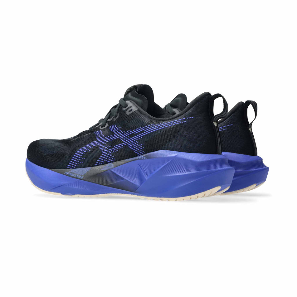 A pair of ASICS Men's Novablast 5 Running Shoes in the Black/Cobalt Burst colourway.