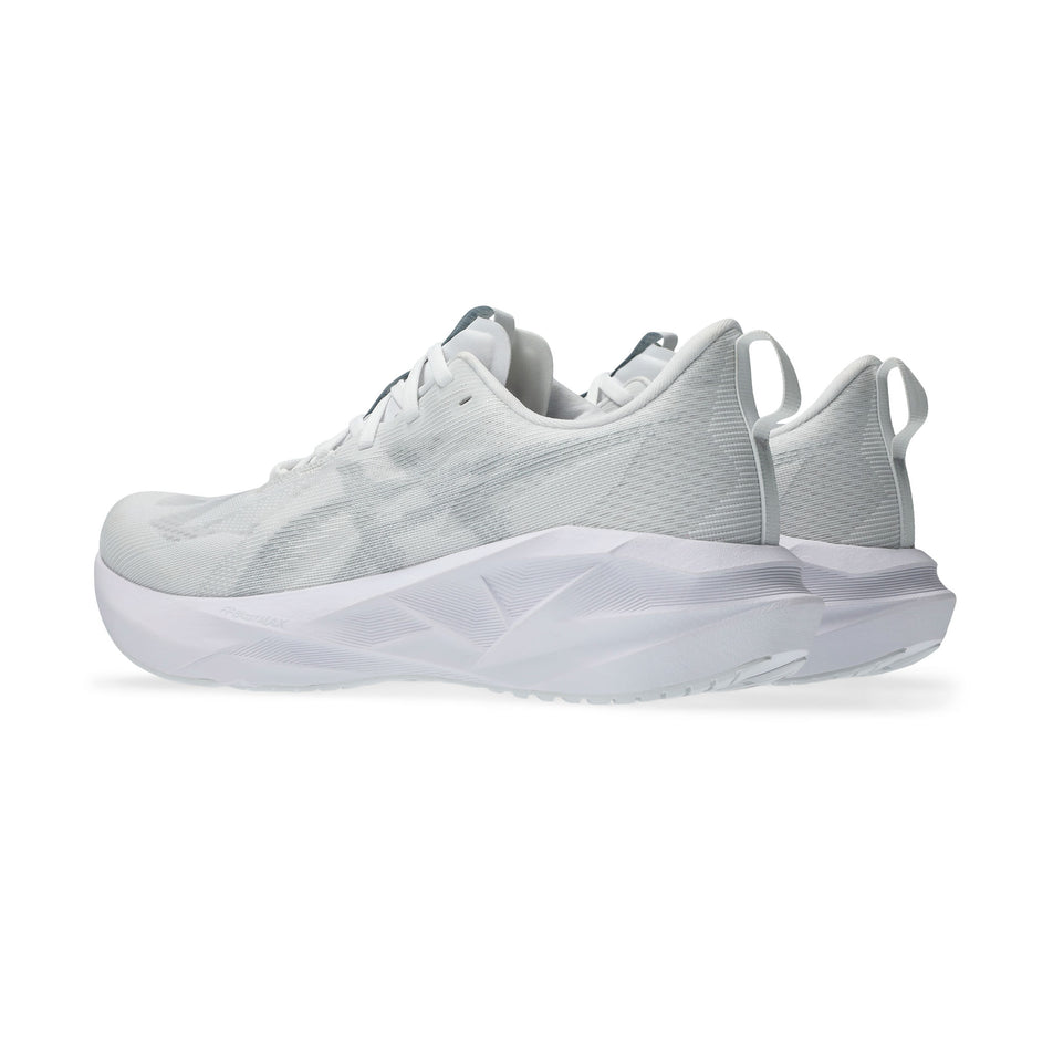 A pair of ASICS Men's Novablast 5 Running Shoes in the White/Piedmont Grey colourway.