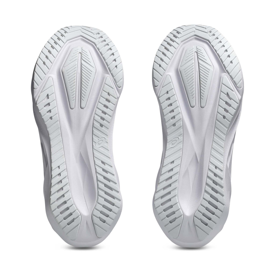 The outsoles of a pair of ASICS Men's Novablast 5 Running Shoes in the White/Piedmont Grey colourway.