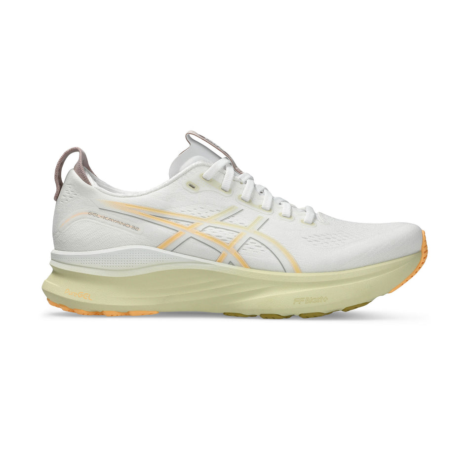 Lateral view of the right shoe from a pair of ASICS Men's Gel-Kayano 32 Running Shoes in the White/Orange Glow colourway. (8668545679522)