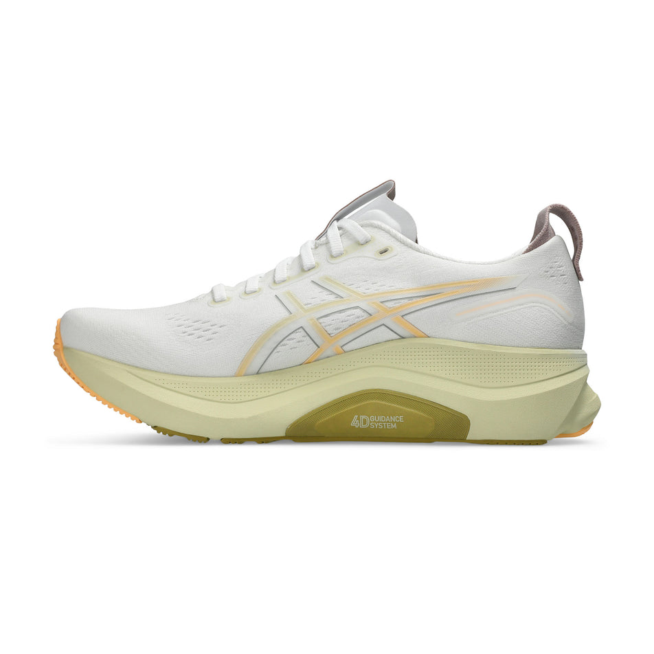 Medial view of the right shoe from a pair of ASICS Men's Gel-Kayano 32 Running Shoes in the White/Orange Glow colourway. (8668545679522)