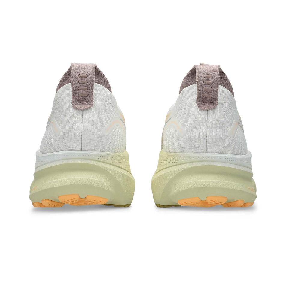The back of a pair of ASICS Men's Gel-Kayano 32 Running Shoes in the White/Orange Glow colourway. (8668545679522)