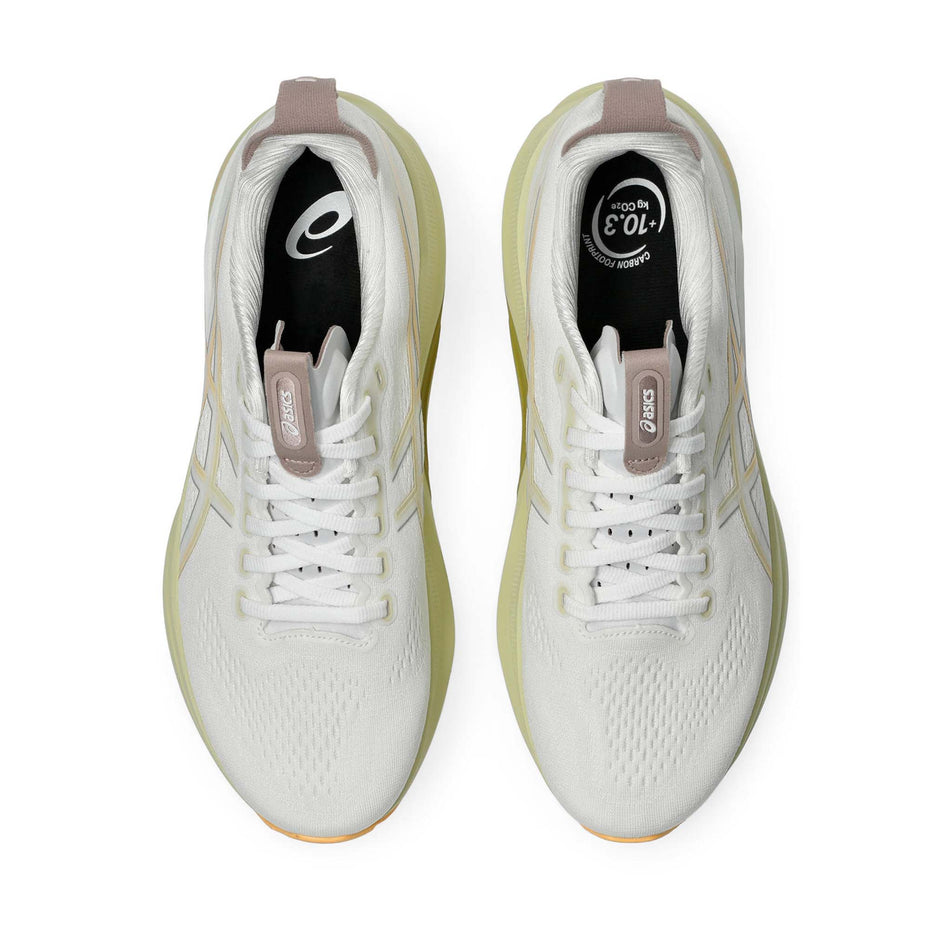 The uppers on a pair of ASICS Men's Gel-Kayano 32 Running Shoes in the White/Orange Glow colourway. (8668545679522)
