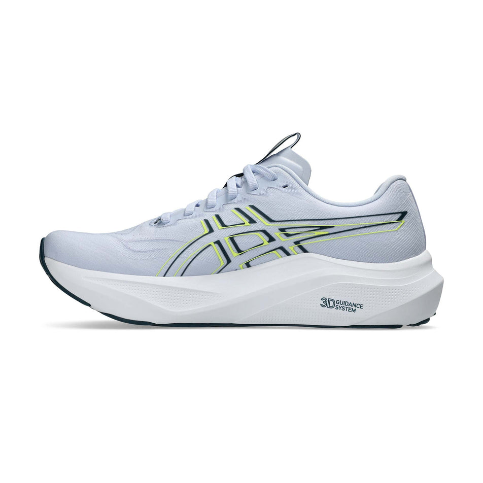 Medial view of the right shoe from a pair of ASICS Men's GT-2000 14 Running Shoes in the Blue Fade/Tranquil Teal colourway. (8668551348386)