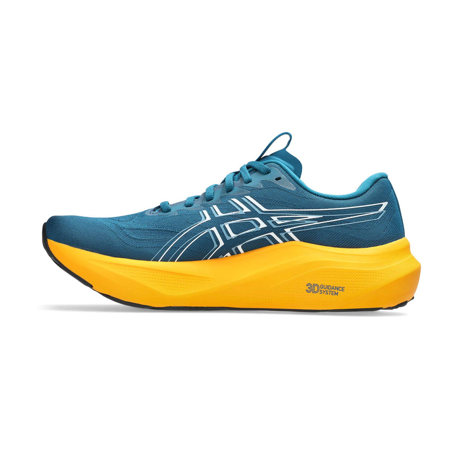 Medial view of the right shoe from a pair of ASICS Men's GT-2000 14 Running Shoes in the Dark Teal/White colourway.