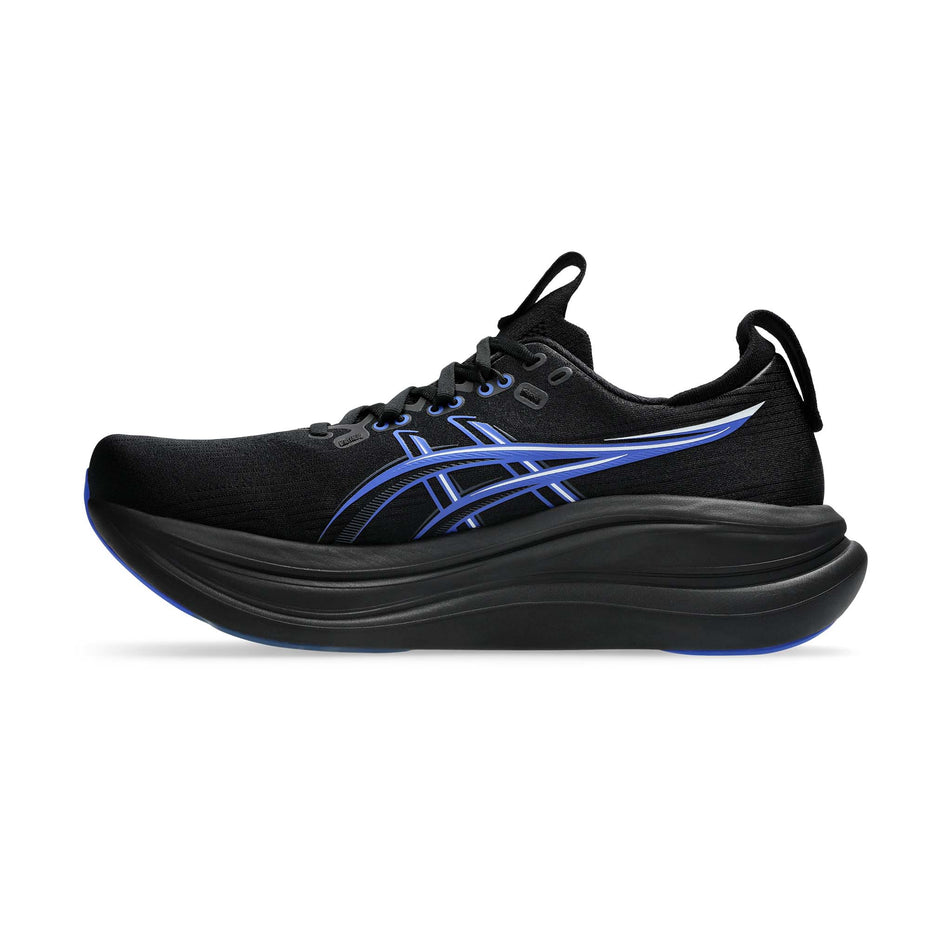Medial view of the right shoe from a pair of ASICS Men's Gel-Nimbus 28 Running Shoes in the Black/Neon Blue colourway.