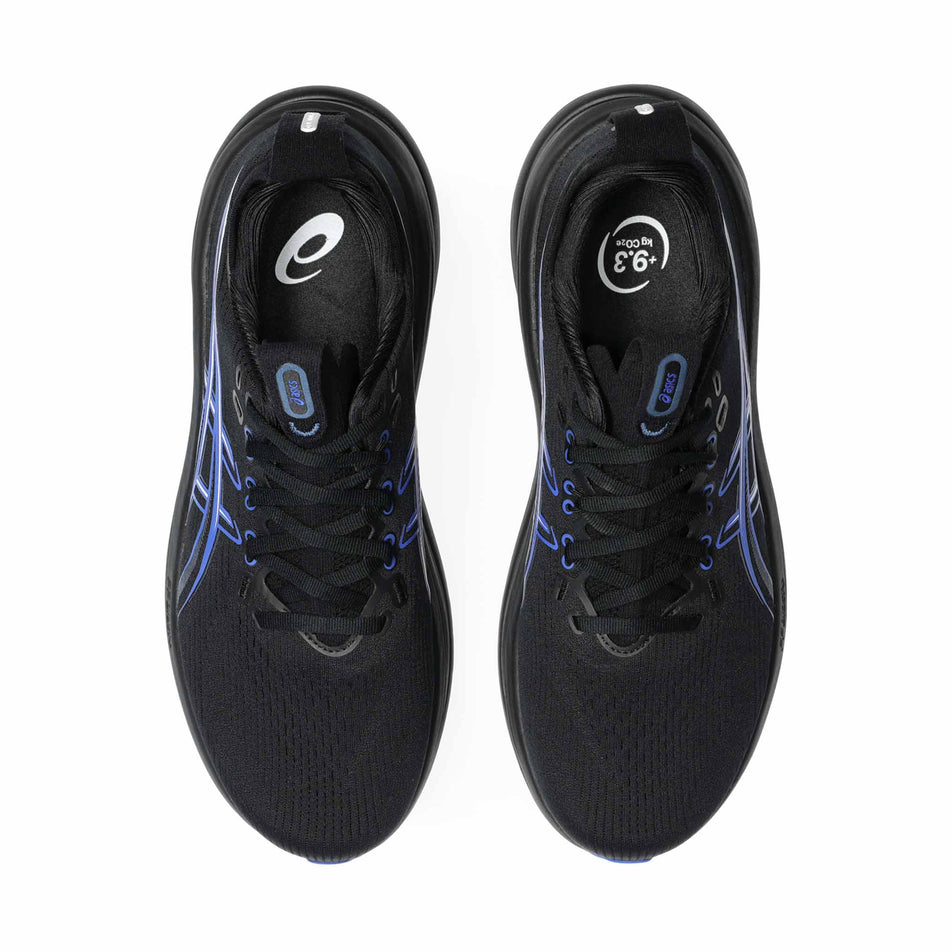 The uppers of a pair of ASICS Men's Gel-Nimbus 28 Running Shoes in the Black/Neon Blue colourway.