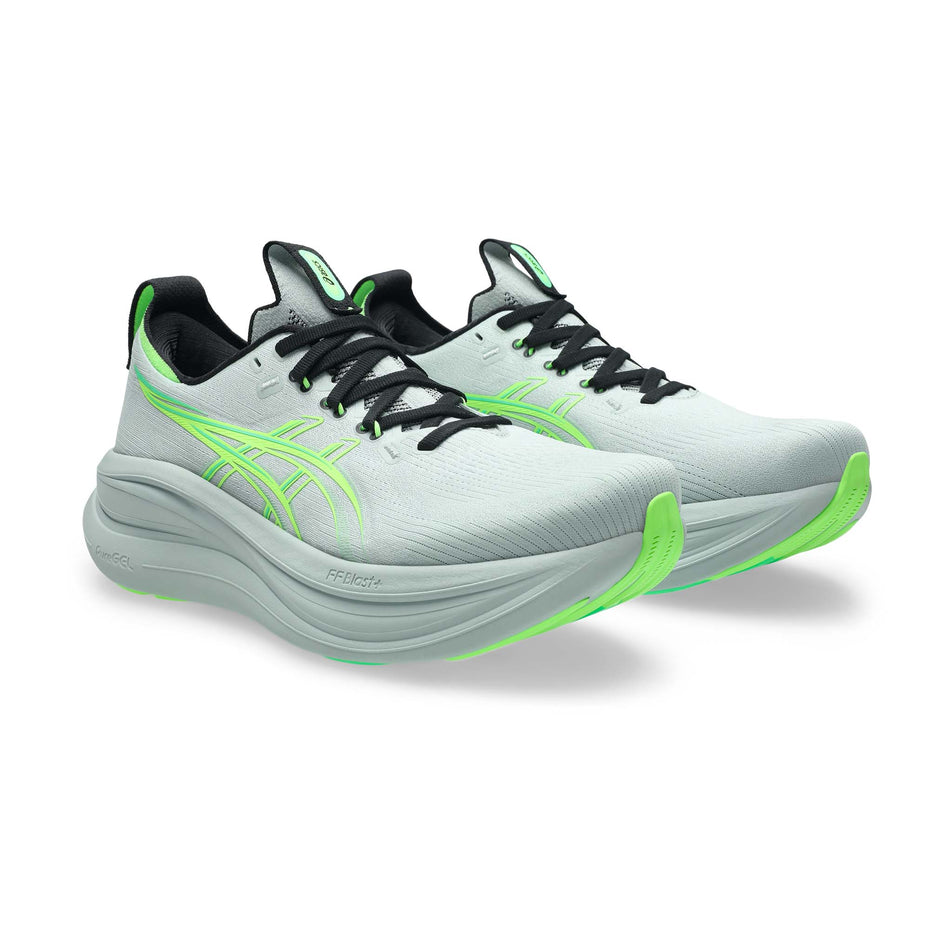 A pair of ASICS Men's Gel-Nimbus 28 Running Shoes in the Cold Moss/Illuminate Green colourway.