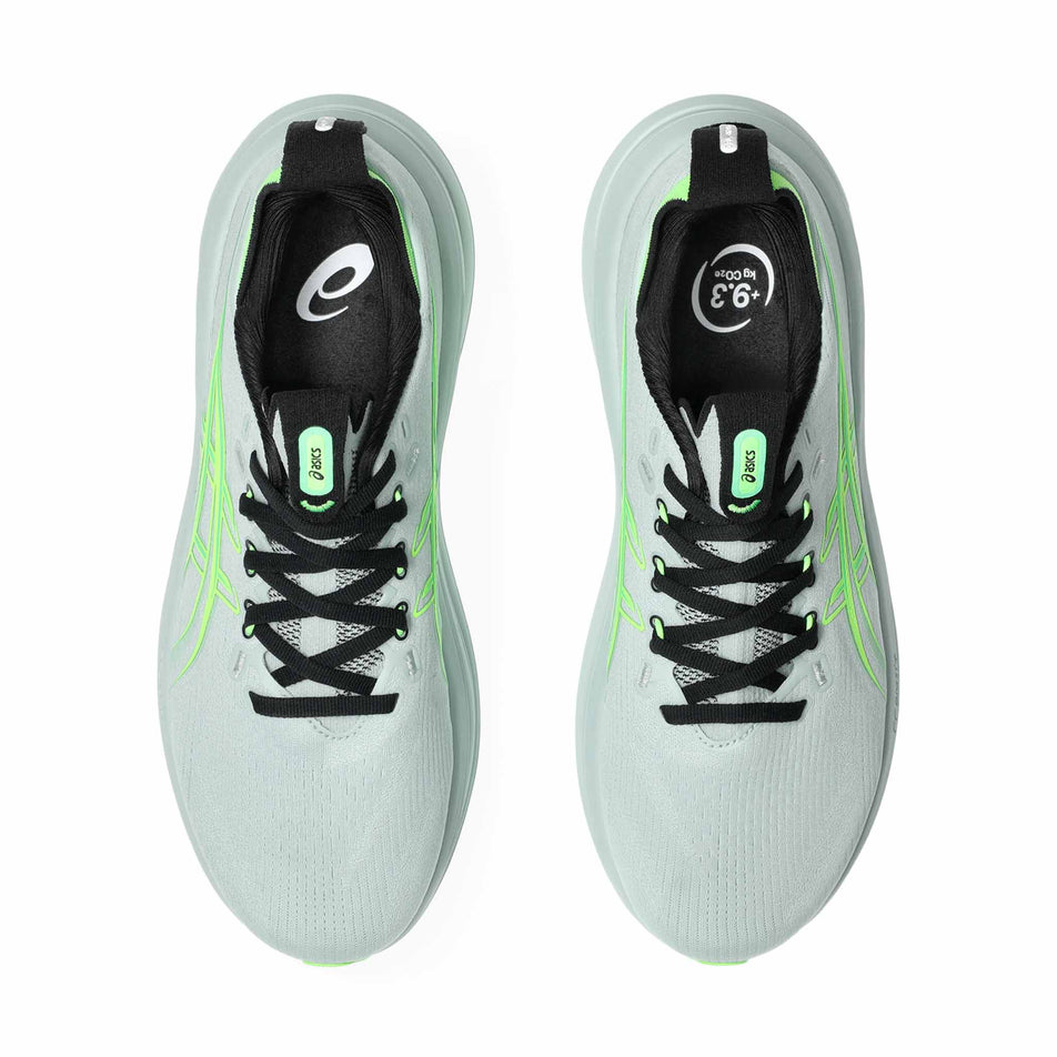 The uppers of a pair of ASICS Men's Gel-Nimbus 28 Running Shoes in the Cold Moss/Illuminate Green colourway.