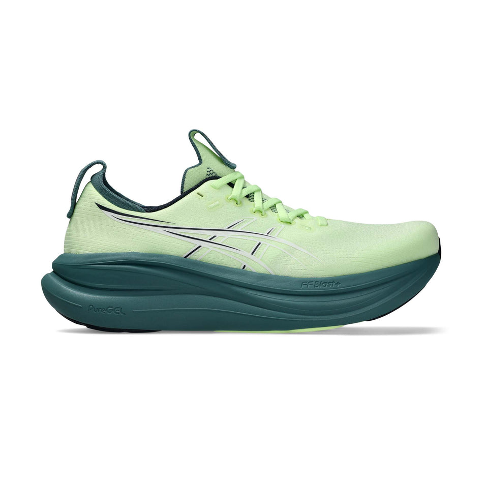 Lateral view of the right shoe from a pair of ASICS Men's Gel-Nimbus 28 Running Shoes in the Illuminate Yellow/Foggy Teal colourway.