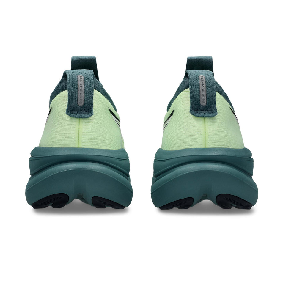 The back of a pair of ASICS Men's Gel-Nimbus 28 Running Shoes in the Illuminate Yellow/Foggy Teal colourway.