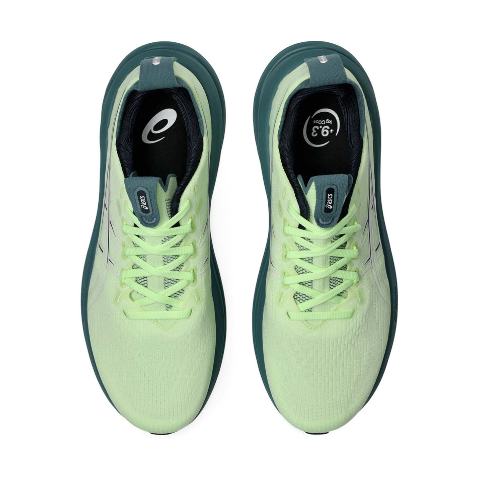 The uppers of a pair of ASICS Men's Gel-Nimbus 28 Running Shoes in the Illuminate Yellow/Foggy Teal colourway.