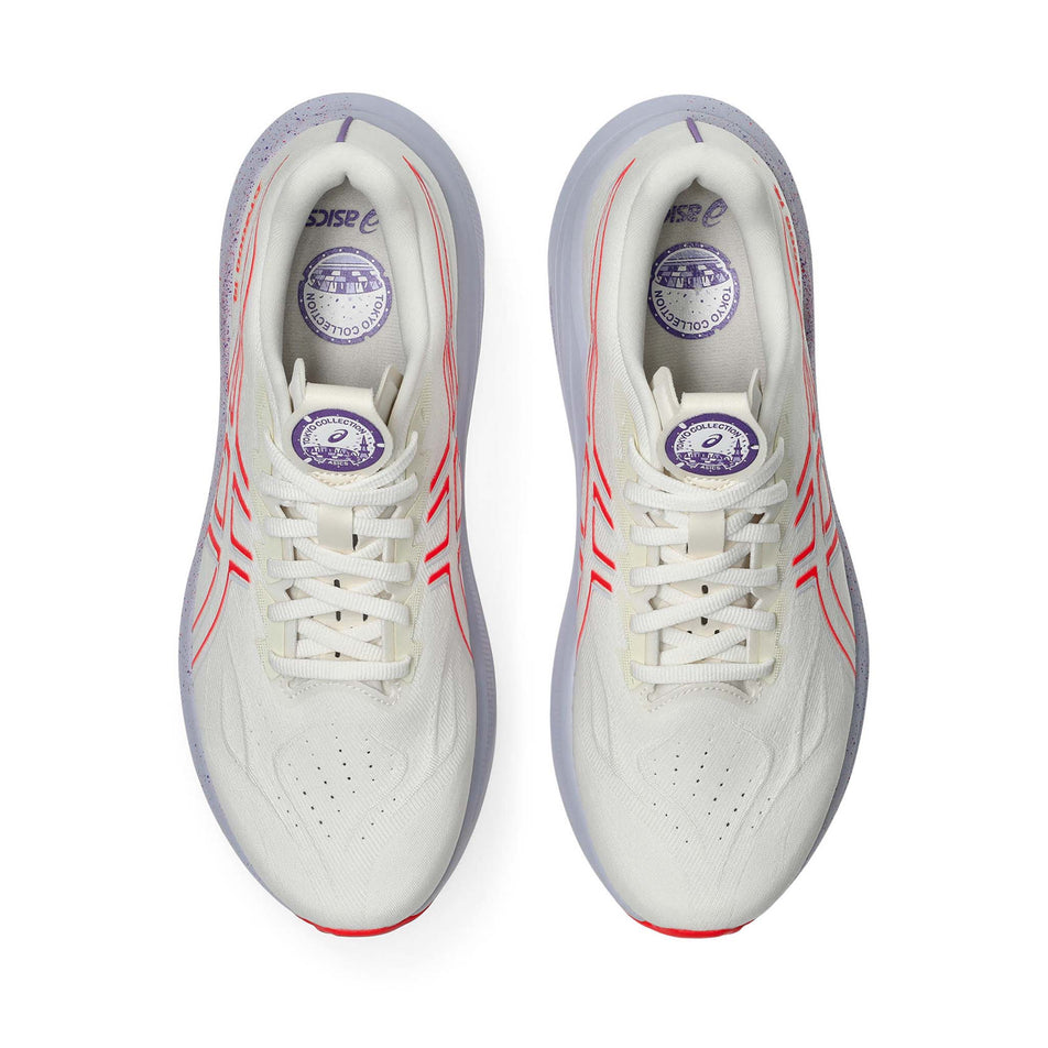 The uppers of a pair of ASICS Men's GT-2000 14 Tokyo Running Shoes in the Cream/Edo Purple colourway. (8668554592418)