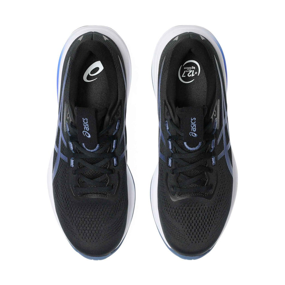 The uppers of a pair of ASICS Men's Gel-Cumulus 28 Running Shoes in the Black/Neon Blue colourway.