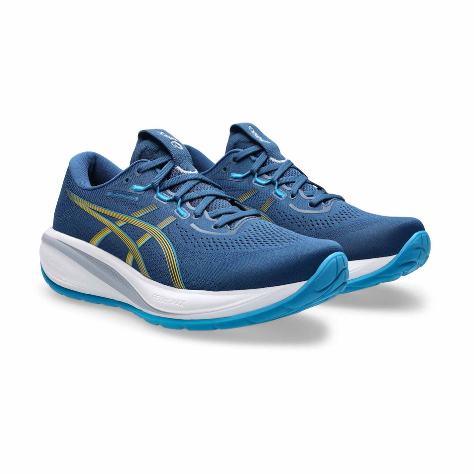 A pair of ASICS Men's Gel-Cumulus 28 Running Shoes in the Twilight Blue/Amabuki colourway.