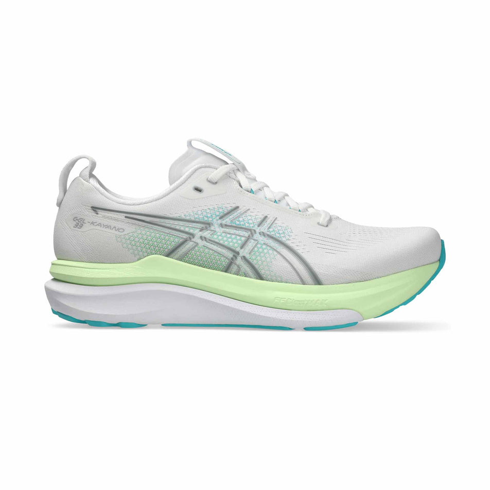 Lateral view of the right shoe from a pair of ASICS Men's Gel-Kayano 33 Running Shoes in the White/Energy Aqua colourway.
