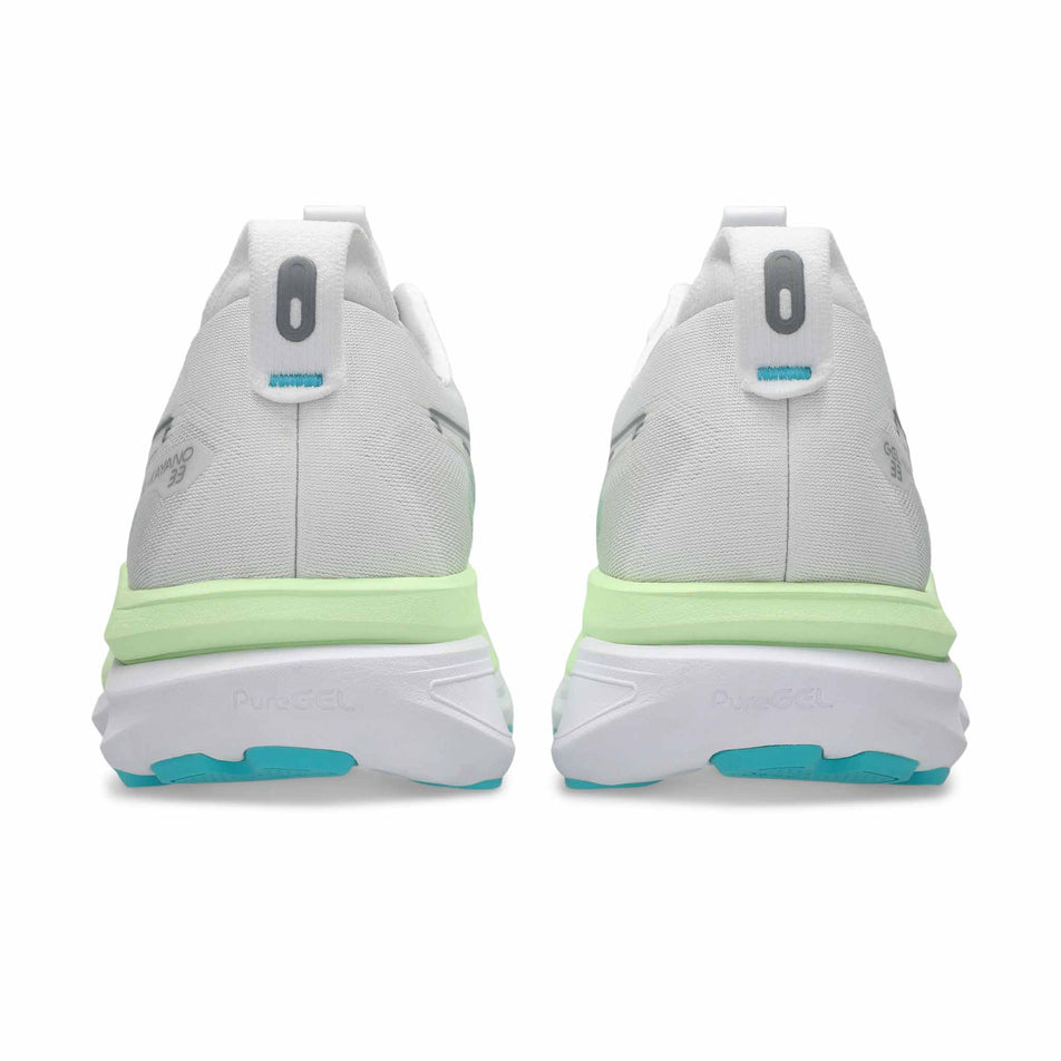 The back of a pair of ASICS Men's Gel-Kayano 33 Running Shoes in the White/Energy Aqua colourway.