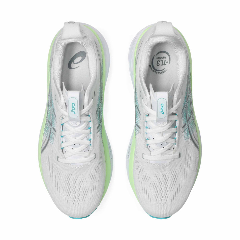 The uppers of a pair of ASICS Men's Gel-Kayano 33 Running Shoes in the White/Energy Aqua colourway.
