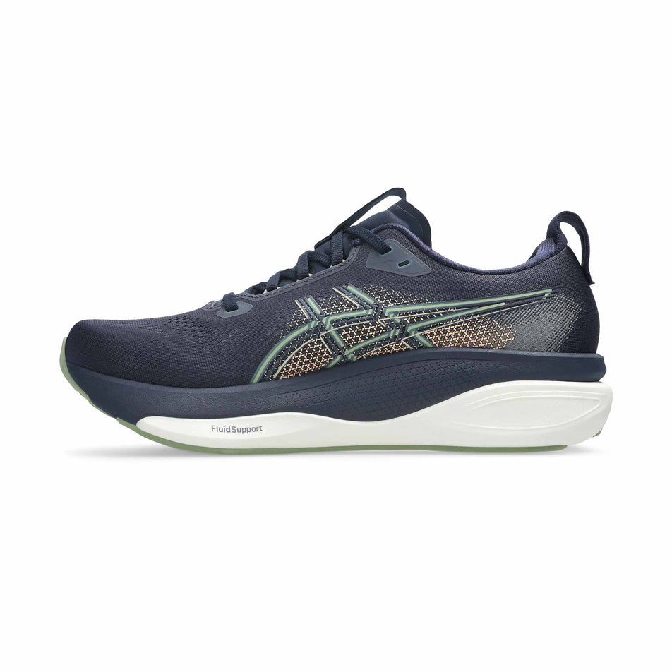 Medial view of the right shoe from a pair of ASICS Men's Gel-Kayano 33 Running Shoes in the Midnight/Khaki Green colourway.