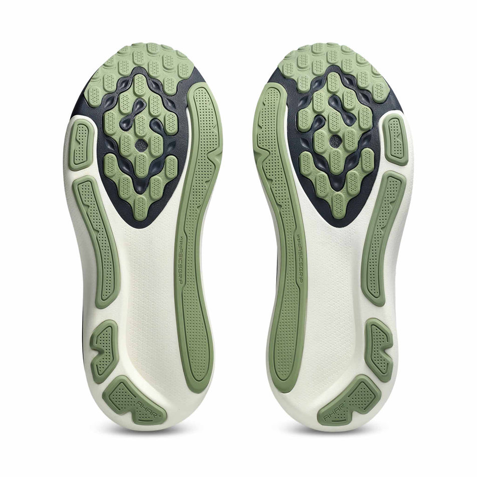 The outsoles of a pair of ASICS Men's Gel-Kayano 33 Running Shoes in the Midnight/Khaki Green colourway.