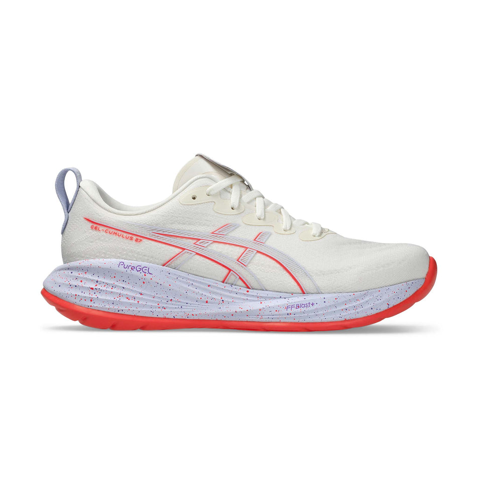 Lateral view of the right shoe from a pair of ASICS Men's Gel-Cumulus 27 Tokyo Running Shoes in the Cream/Edo Purple colourway. (8720399728802)