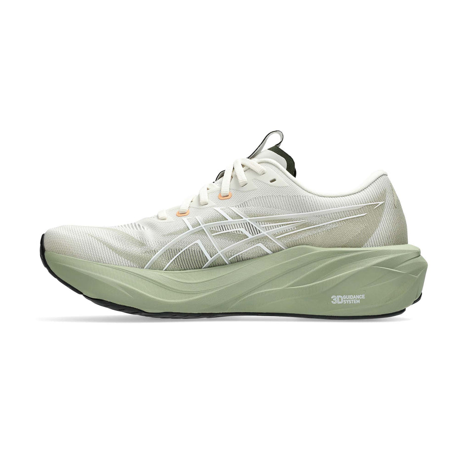 Medial view of the right shoe from a pair of ASICS Men's GT-2000 15 Running Shoes in the Birch/Khaki Green colourway.