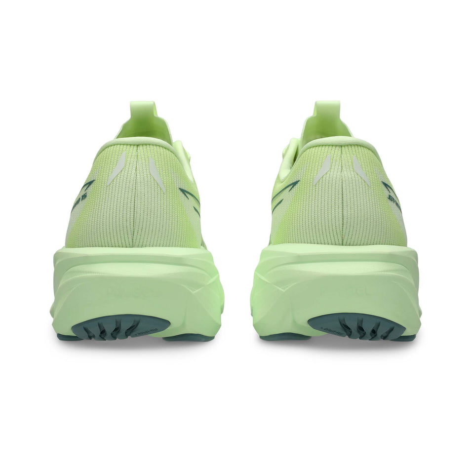 The back of a pair of ASICS Men's GT-2000 15 Running Shoes in the Illuminate Yellow/Foggy Teal colourway.