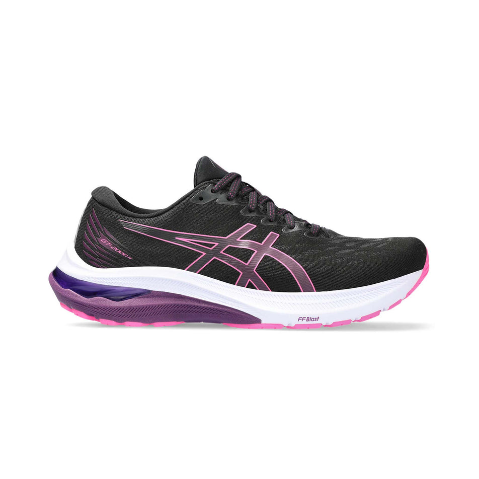 Lateral side of the right shoe from a pair of Asics Women's GT-2000 11 Running Shoes in the Black/Hot Pink colourway (7942264881314)