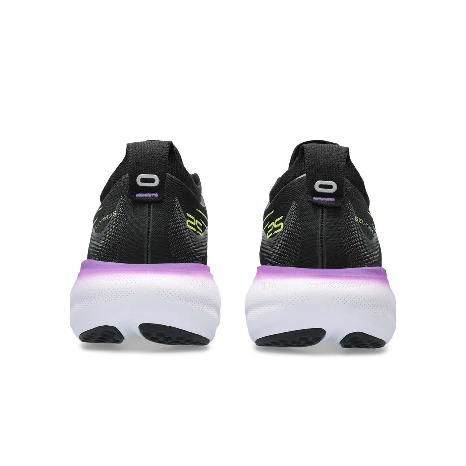 The back of a pair of Asics Women's Gel-Nimbus 25 Running Shoes in the Black/Glow Yellow colourway  (7942267240610)
