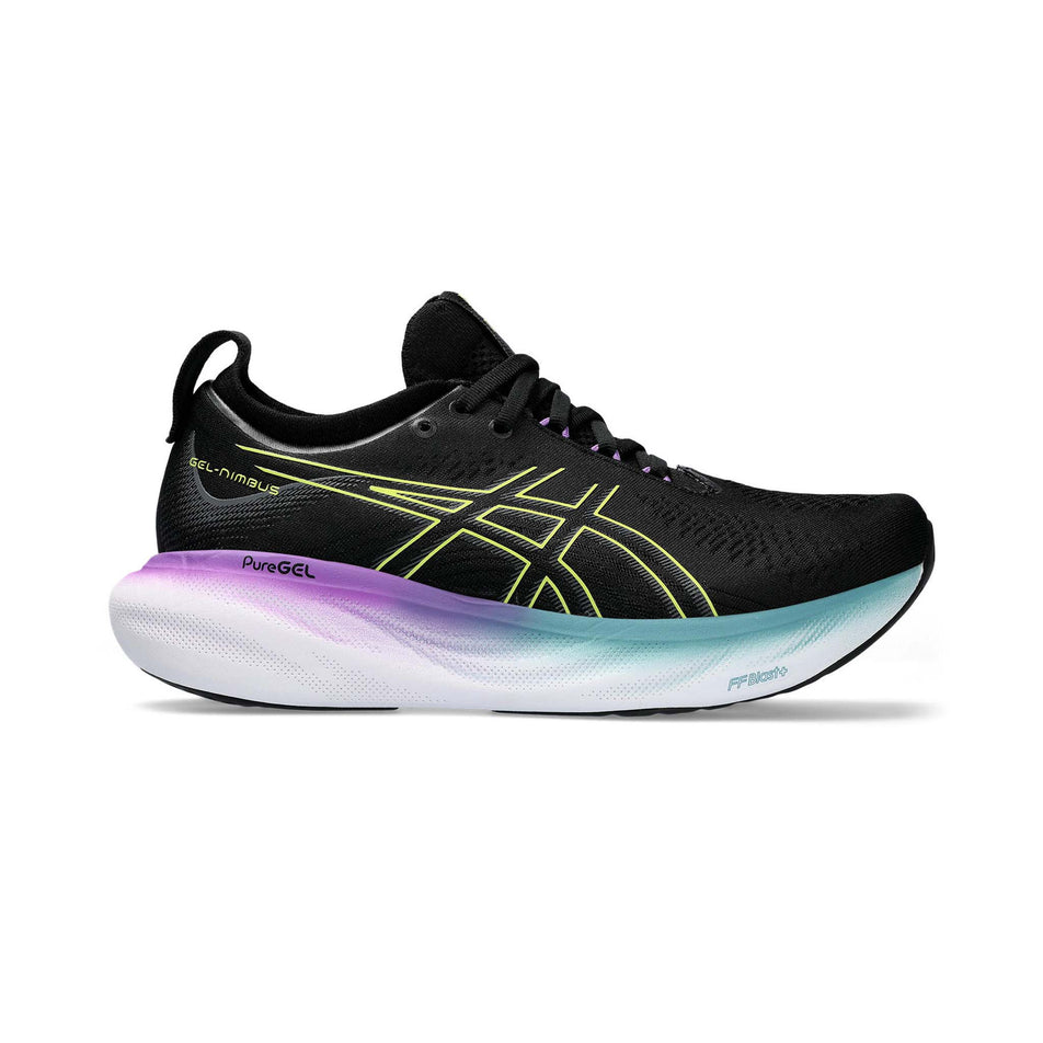 Lateral side of the right shoe from a pair of Asics Women's Gel-Nimbus 25 Running Shoes in the Black/Glow Yellow colourway  (7942267240610)
