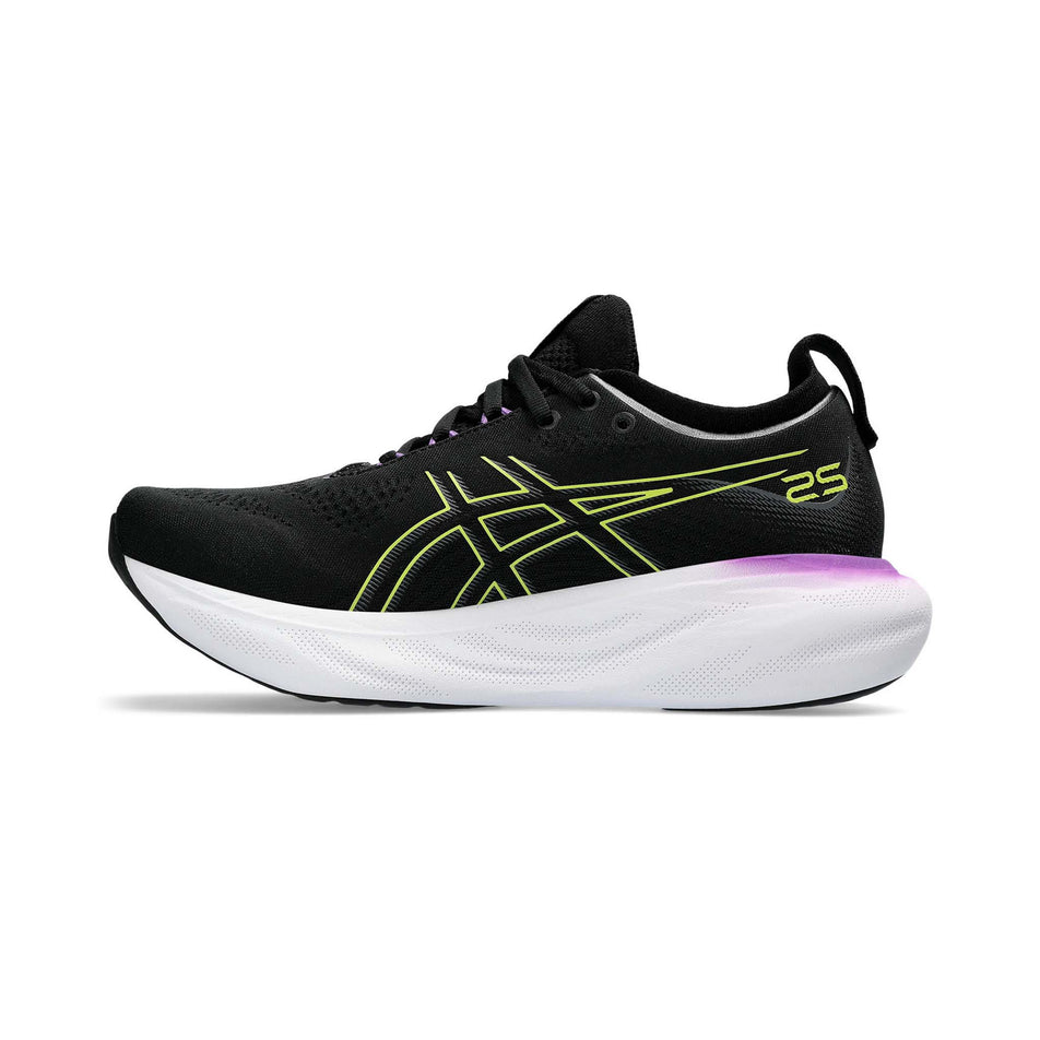 Medial side of the right shoe from a pair of Asics Women's Gel-Nimbus 25 Running Shoes in the Black/Glow Yellow colourway  (7942267240610)