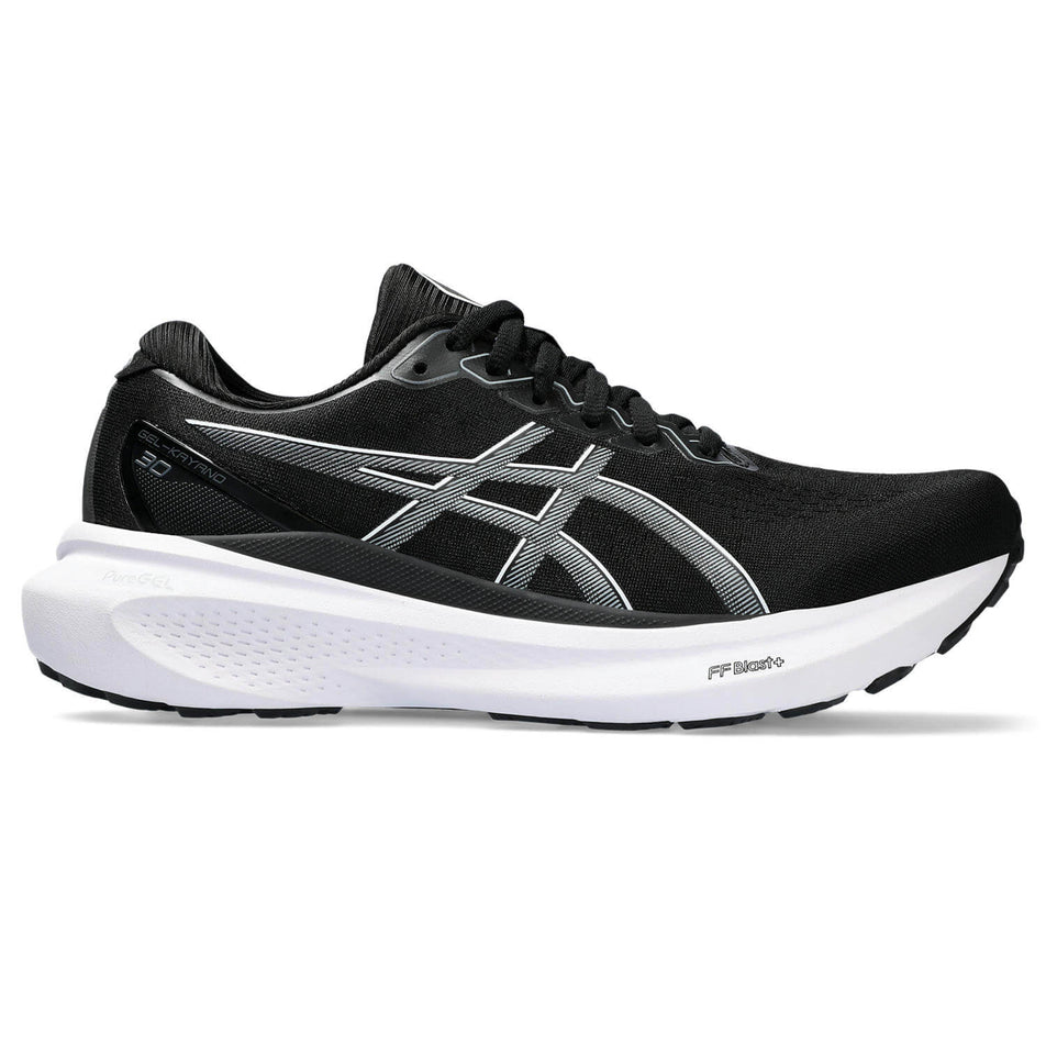 Lateral side of the right shoe from a pair of Asics Women's Gel-Kayano 30 Running Shoes in the Black/Sheet Rock colourway (8232986804386)