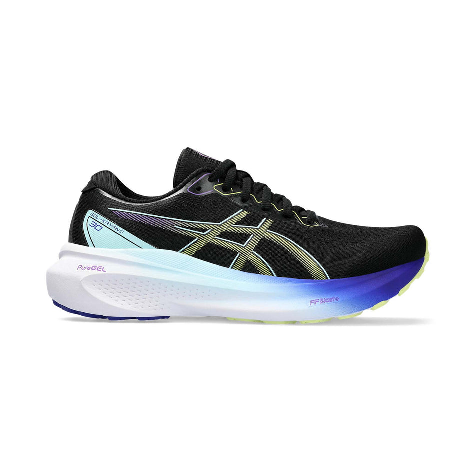 Lateral side of the right shoe from a pair of Asics Women's Gel-Kayano 30 Running Shoes in the Black/Glow Yellow colourway (7942262554786)