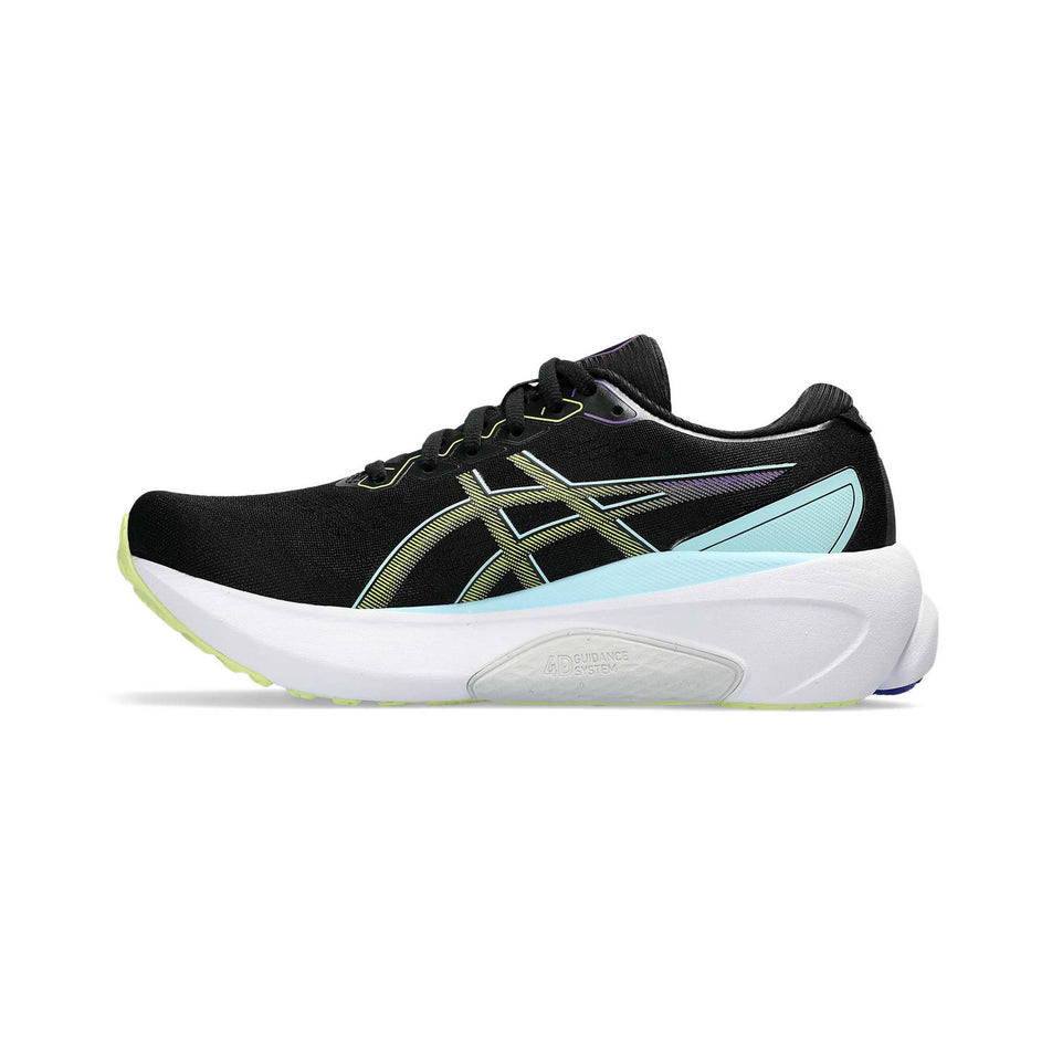 Medial side of the right shoe from a pair of Asics Women's Gel-Kayano 30 Running Shoes in the Black/Glow Yellow colourway (7942262554786)