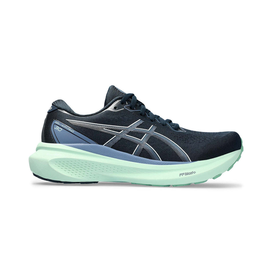 Lateral side of the right shoe from a pair of Asics Women's Gel-Kayano 30 Running Shoes in the French Blue/Denim Blue colourway (8132712333474)