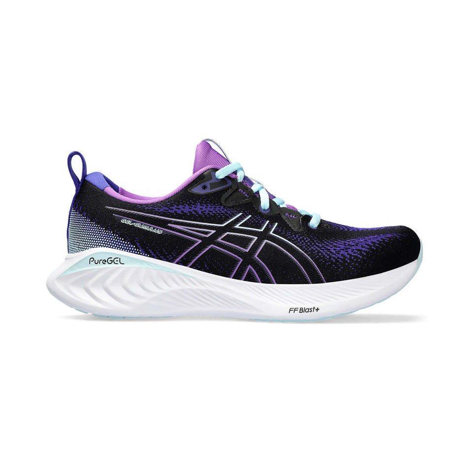 Lateral side of the right shoe from a pair of Asics Women's Gel-Cumulus 25 Running Shoes in the Black/Ultramarine colourway (7942269206690)