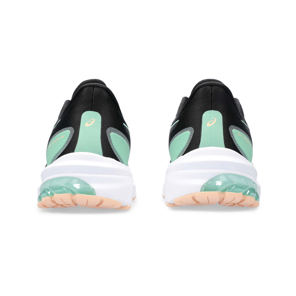 The back of a pair of Asics Women's GT-1000 12 Running Shoes in the Black/Mint Tint colourway (8150519218338)