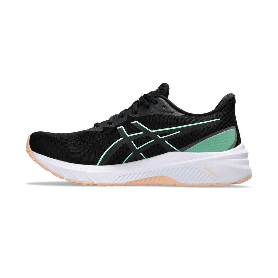 Medial side of the right shoe from a pair of Asics Women's GT-1000 12 Running Shoes in the Black/Mint Tint colourway (8150519218338)