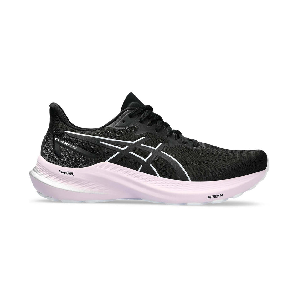 Lateral side of the right shoe from a pair of Asics Women's GT-2000 12 Running Shoes in the Black/White colourway (8132718035106)