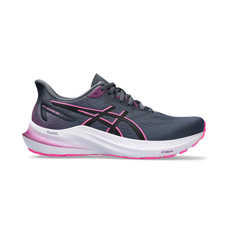 Lateral side of the right shoe from a pair of Asics Women's GT-2000 12 Running Shoes in the Tarmac/Black colourway (8030208032930)