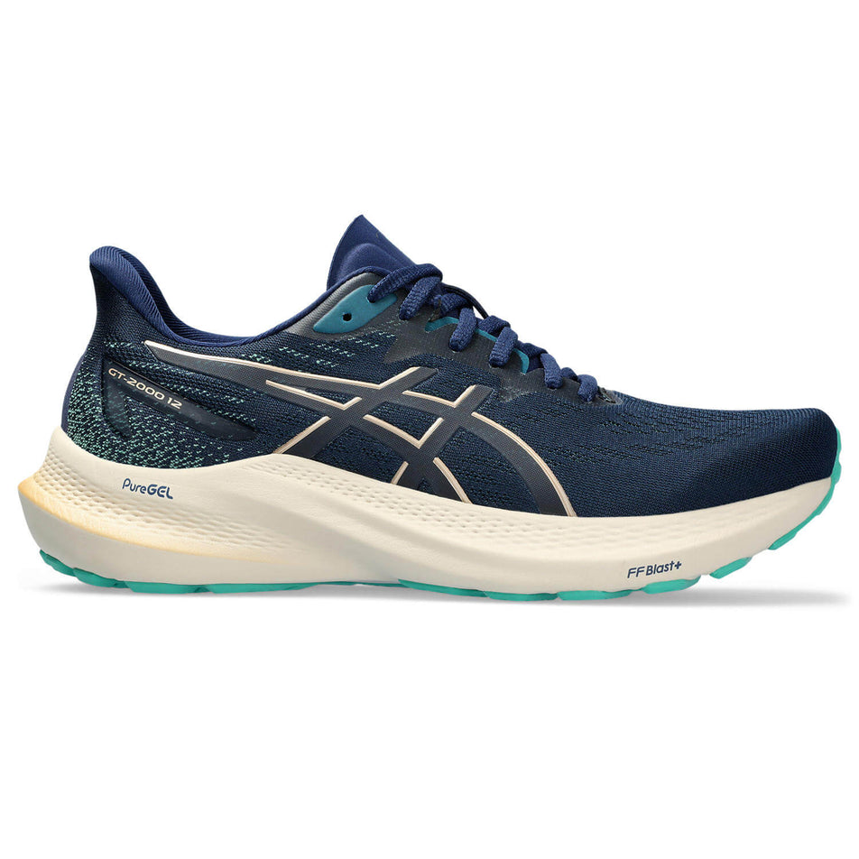 Lateral side of the right shoe from a pair of Asics Women's GT-2000 12 Running Shoes in the Blue Expanse/Champagne colourway (8232994242722)