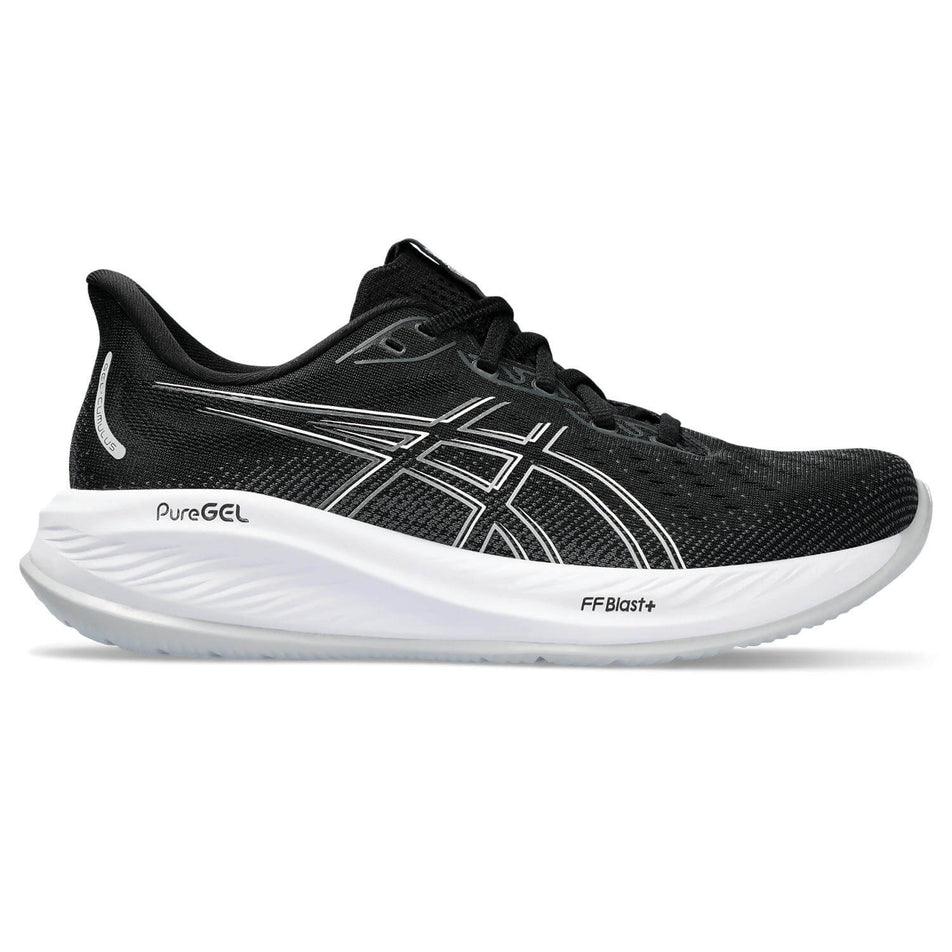 Lateral side of the right shoe from a pair of Asics Women's Gel-Cumulus 26 Running Shoes in the Black/Concrete colourway (8233023406242)