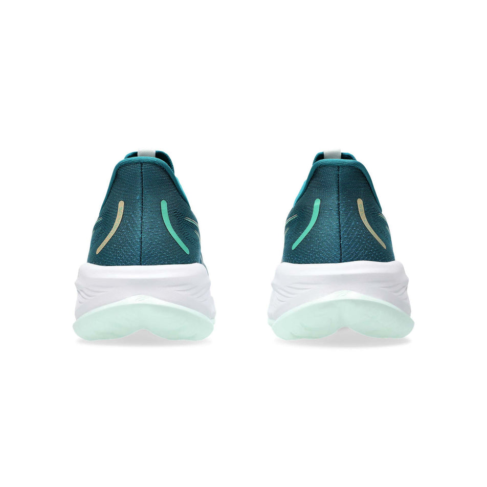 The back of a pair of Asics Women's Gel-Cumulus 26 Running Shoes in the Rich Teal/Pale Mint colourway (8191960776866)
