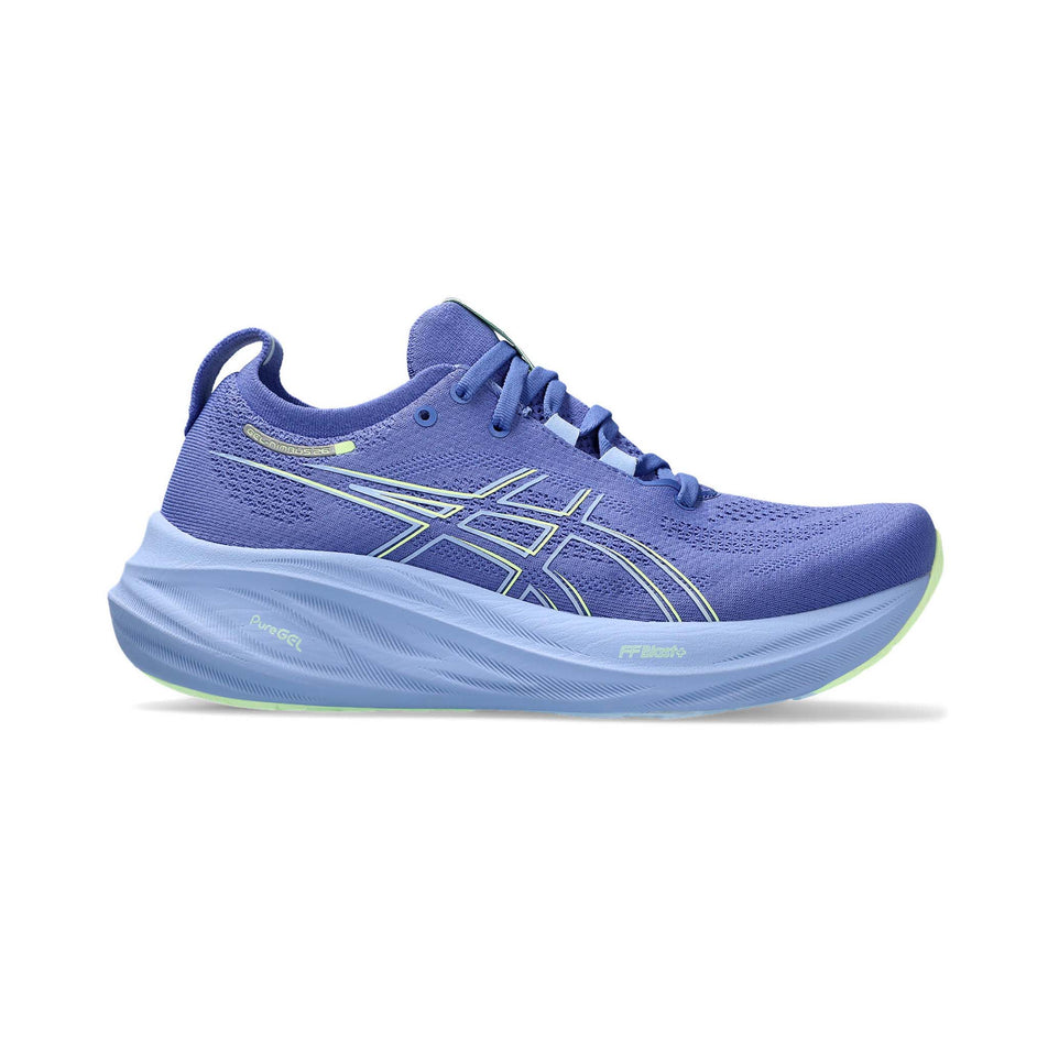 Lateral side of the right shoe from a pair of Asics Women's Gel-Nimbus 26 Running Shoes in the Sapphire/Light Blue colourway  (8150520758434)