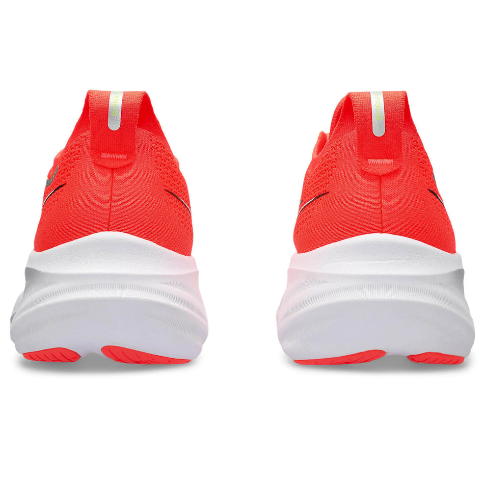 The back of a pair of Asics Women's Gel-Nimbus 26 Running Shoes in the Sunrise Red/Pure Silver colourway (8233007218850)