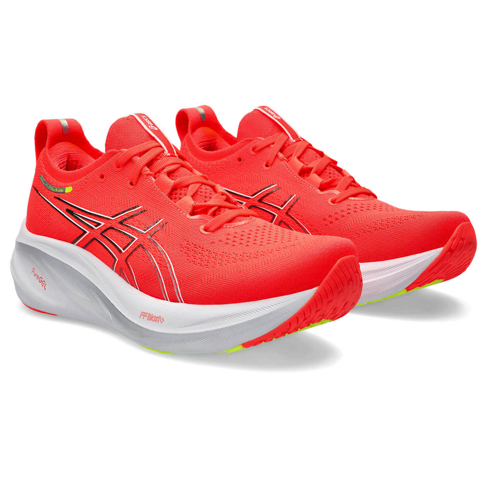 A pair of Asics Women's Gel-Nimbus 26 Running Shoes in the Sunrise Red/Pure Silver colourway (8233007218850)