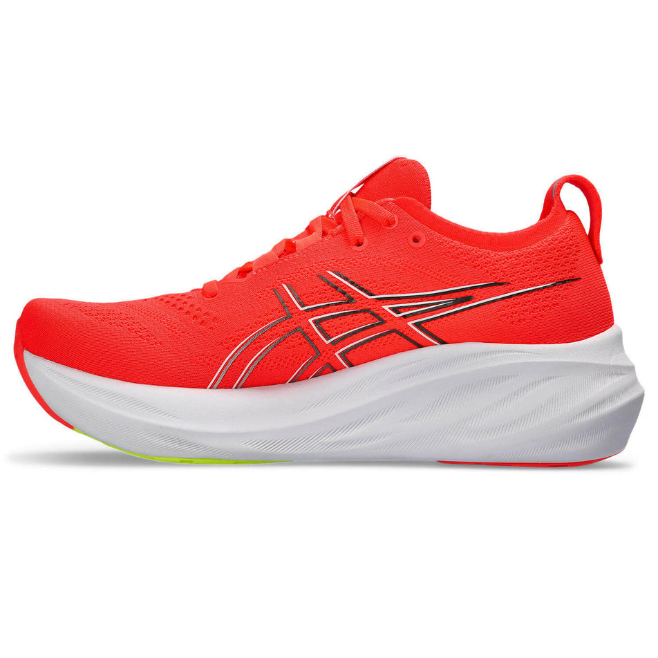 Medial side of the right shoe from a pair of Asics Women's Gel-Nimbus 26 Running Shoes in the Sunrise Red/Pure Silver colourway (8233007218850)