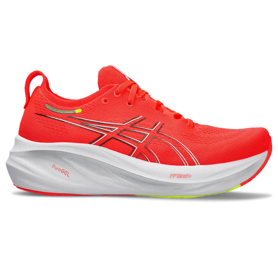 Lateral side of the right shoe from a pair of Asics Women's Gel-Nimbus 26 Running Shoes in the Sunrise Red/Pure Silver colourway (8233007218850)